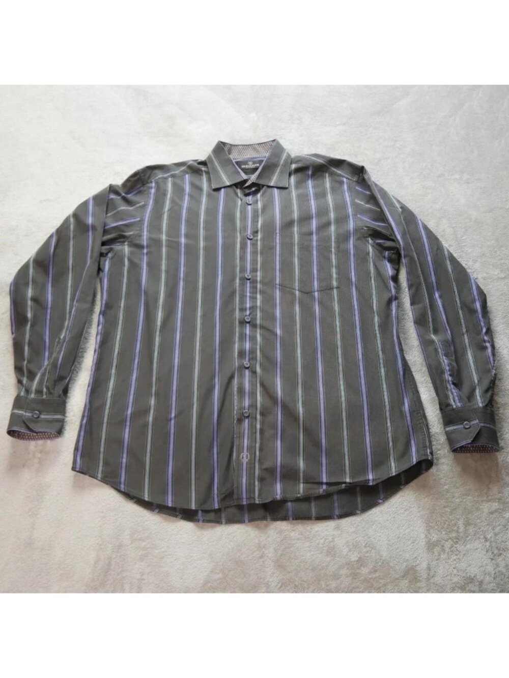 Bugatchi Uomo Men's Large Black Purple Striped Button Up Shirt Cotton - Picture 3 of 13